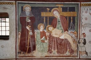 Pieta se svatým Bernardem a klientem, freska (15. století), dům divokého muže (Uomo Selvatico), Sacco, Cosio Valtellina, Lombardie, Itálie