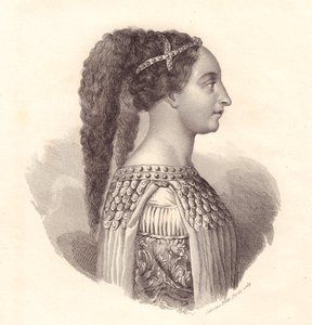 Portrét italské šlechtičny Isotta degli Atti (kolem 1432-1474), mědirytina Caterina Piotti-Pirola od William Walcutt