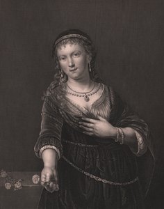 Portrét Saskie van Uylenburgh (1612-1642), manželky Rembrandta, rytina od Daniela Johna Pounda z malby od Rembrandta, z Payne