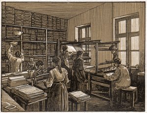Tiskárna v Budapešti, Maďarsko: faconing a příprava knih. Ženské práce. ca. 1910 (ilustrace) od . .