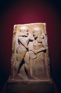 Stéla zobrazující Meneláa a Helenu, nalezena ve Spartě, Řecko, řecká civilizace, konec 7. století př. n. l.