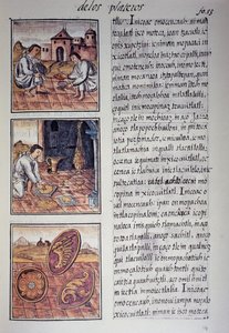 Výroba nádobí a štítů, stránka z Florentského kodexu, dvojjazyčná verze ve španělštině a nahuatlu, Obecná historie věcí Nového Španělska, španělský misionář Fray Bernardino de Sahagun. Aztécká civilizace od Georg Carl Heinrich Dollmann