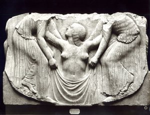 „Trůn Ludovisi“ nebo „Trůn Venuše“ z vily Ludovisi (mramor) (černobílá fotografie)