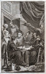 Svátek mnichů porušujících klášterní pravidla. Pijí víno, dvoří se služkám. 18. století (rytina) od . .