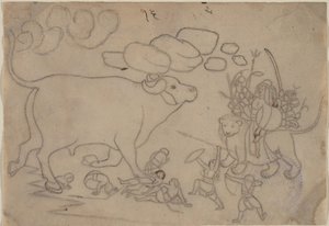 Durga čelí Buffalo Demon Mahisha: Scéna z Devi Mahatmya, Ka. 1780. od a first generation master after Nainsukh