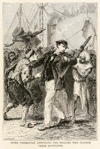 Poté, co energicky odrazil borce, kteří nabídli svou pomoc, z knihy Cesta kolem světa za osmdesát dní od Julese Verna (1828-1905), vyryl Henri-Théophile Hildebrand (1824-1897) 1873 (rytina