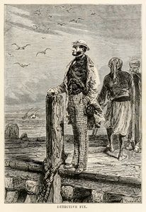 Detective Fix, z Cesta kolem světa za osmdesát dní od Julese Verna (1828-1905), vyryl Louis Dumont (nar. 1822), 1873