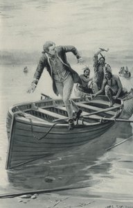 Kapitán James Cook vyskočí ze svého člunu, zatímco dovnitř naskakují Rudí indiáni
