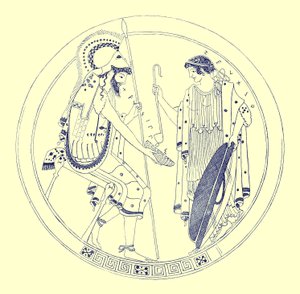 Sedící válečník drží svůj pohár vína, ilustrace z řeckého Vase Paintings od J. E. Harrisona a D. S. MacColl, vydaného v roce 1894 (digitálně vylepšený obrázek) od after English School