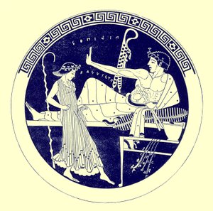 Tančící dívka a hodující mládež, ilustrace z řeckých vázových maleb od J. E. Harrisona a D. S. MacColl, publikovaná v roce 1894 (digitálně vylepšený obrázek) od after English School