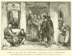 Scéna u brány kláštera, cestovatelé hledající občerstvení od after George Cattermole