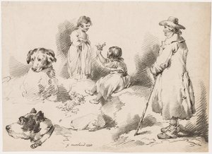 Studie o dětech (dvě malé holčičky); Dva psi; Muž od after George Morland