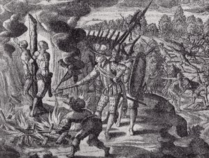 Španělská pomsta za smrt Ayolase, z Gottfrieds Historia Antipodum, hospoda. v roce 1655, z Romance of the River Plate, sv. I, od W. H. Koebel, 1914