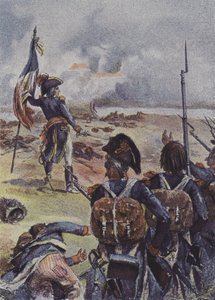 Generál Augereau vztyčující vlajku 1. praporu 99. pluku před jejich liniemi v bitvě u Arcole, Itálie, 1796