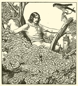 Sir Launcelot vyleze, aby chytil dámského sokola. od after Howard Pyle