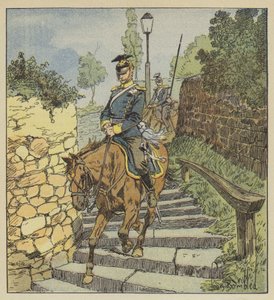 V Chateaudunu dva pronásledovaní Uhlani sestupují na koních po kamenném schodišti o 200 schodech od after Louis Charles Bombled
