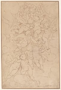 Skupina andělů v slávě od after Luca Cambiaso Italian 17th Century