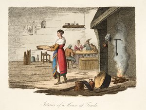 Interiér domu ve Fondi, z knihy Italské scenérie, představující mravy, zvyky a zábavy různých států Itálie, vyd. 1806 (ručně kolorovaná rytina)