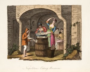 Neapolitans Eating Macaroni, od Italian Scenery, reprezentující způsoby, zvyky a zábavy různých států Itálie, hospoda. 1806 (ručně kolorovaná rytina)