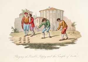 Hraní na Bumble Puppy and the Temple of Vest, od Italian Scenery, reprezentující způsoby, zvyky a zábavu různých států Itálie, hospoda. 1806 (ručně kolorovaná rytina)