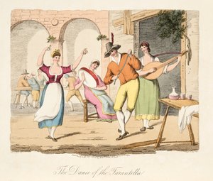 Tanec Tarantely, z italské scenérie, představující způsoby, zvyky a zábavy různých států Itálie, hospoda. 1806 (ručně kolorovaná rytina)