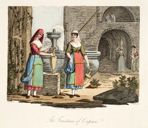 Fontána Capua, z italské scenérie, představující způsoby, zvyky a zábavy různých států Itálie, hospoda. 1806 (ručně kolorovaná rytina)