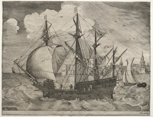 Plachetnice: Ozbrojená čtyřmistrová vyplouvající na moře od after Pieter Bruegel
