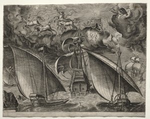 Plachetnice: Dvě galéry plující za ozbrojeným trojmajstrem s Phaetonem a Jupiterem na obloze od after Pieter Bruegel