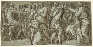 Rodina Dariova před Alexandrem a scéna s vězni; z průčelí Palazzo Milesi