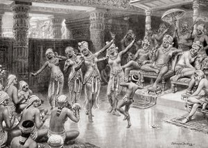 Dojem umělců z 19. století z Gautamiputry Satakaraniho oslavujícího své vítězství nad Nahapanou, z Hutchinsonovy historie národů, pub. 1915