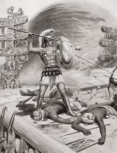 Alexandr Veliký bojující proti Assacani u opevněného města Massaga v Indii během jeho indického tažení v roce 326 př. n. l., z Hutchinsons History of the Nations, pub. 1915