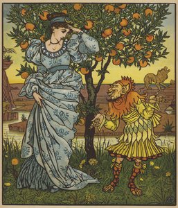 Žlutý trpaslík zachrání princeznu před lvy od after Walter Crane