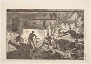 Zimní ubikace v táboře – vnitřek chatrče od Winslow Homer