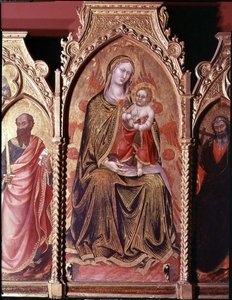 Oltářní obraz Gerarda Cossassiho degli Assi, detail centrálního panelu zobrazující Madonu s dítětem na trůnu (olej na panelu) od also Manfredi de Battilori Bartolo di Fredi