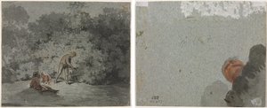 Fagot Gatherer (recto) Studie hlavy při pohledu zdola (verso) od attributed to Francisque Millet