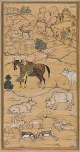 Akbar nasedající na svého koně; stránka z Chester Beatty Akbar Nama (Historie Akbaru) od attributed to Sur Das Gujarati