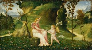 Venuše a Amor v krajině od circle of Giorgione