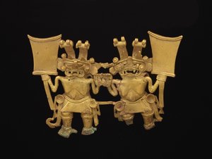Přívěsek se dvěma postavami, cca 700-1520 (tumbaga ze slitiny zlata a mědi) od culture Diquis