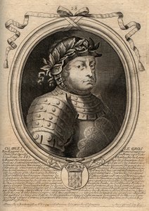 Karolinská dynastie: Portrét Karla III Le Gros (839-888) Král Franků - Karel III Tlustý - rytina z 