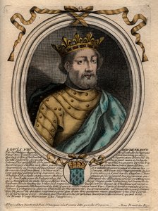 Portrét Ludvíka VIII. (1187-1226), francouzského krále - Ludvíka VIII. (1187-1226) francouzského krále - rytina z „“ Les Augustes Reprezentace všech francouzských králů od Pharamonda po Ludvíka XIV.“, Paříž od de Larmessin