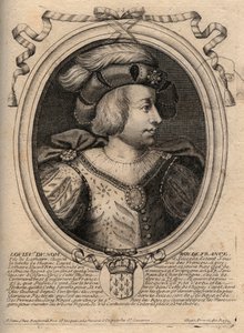 Portrét Ludvíka V. Faineanta (967 - 987), francouzského krále - Ludvíka V. Indolentního (967-987), rytina z 