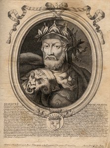 Portrét Merovee nebo Merovech Roi franc (v. 458) 1. král merovejské rasy - Portrét Merovea (Meroveus) († 456) Král Salianských Franků - rytina z 