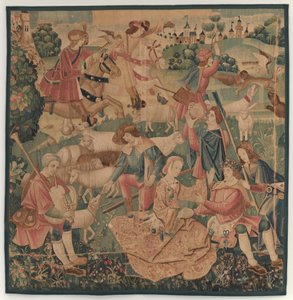 Lovecké a pastorační scény s ověnčeným hrdinou mezi dámami od design probably French 16th Century, Paris; woven in southern Netherlands or Paris in an undetermine workshop