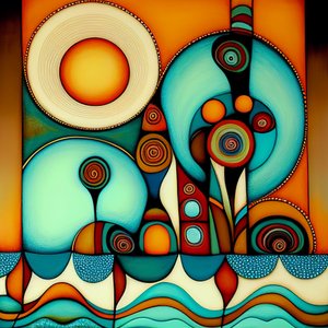 Abstraktní pláž, zvlněné moře a vítr, inspirované hundertwasserem, uměleckými tisky