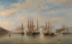 Nizozemské, anglické, francouzské a americké eskadry v japonských vodách během expedice vedené francouzským velitelem Constantem Jaurèsem, září 1864