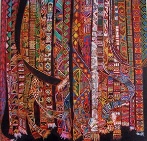Tkaní na zádech, 2014 (mix, akryl, tuš, olej)