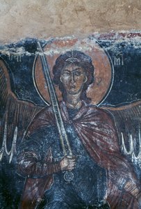 Anděl drží meč, freska v byzantském kostele svatého Jiří, Komitades, Kréta, Řecko (foto)
