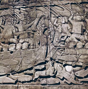 Námořní bitva mezi Chamem a Khmery, detail basreliéfu Bayonského chrámu (13. století), Angkor Thom, archeologické naleziště Angkor (Seznam světového dědictví UNESCO