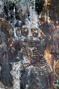 Voják, poškozená freska na stropě kostela Agios Vasileios, Vavouledo, Kréta, Řecko (foto) od Theodore Charles Ange Coquelin