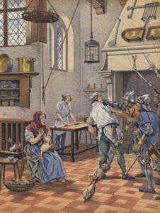 Kuchař zajatý v jeho kuchyni ozbrojenci pro podezření, že se pokusil otrávit krále (barva litho) od pseudonym for Onfray de Breville Jacques Job